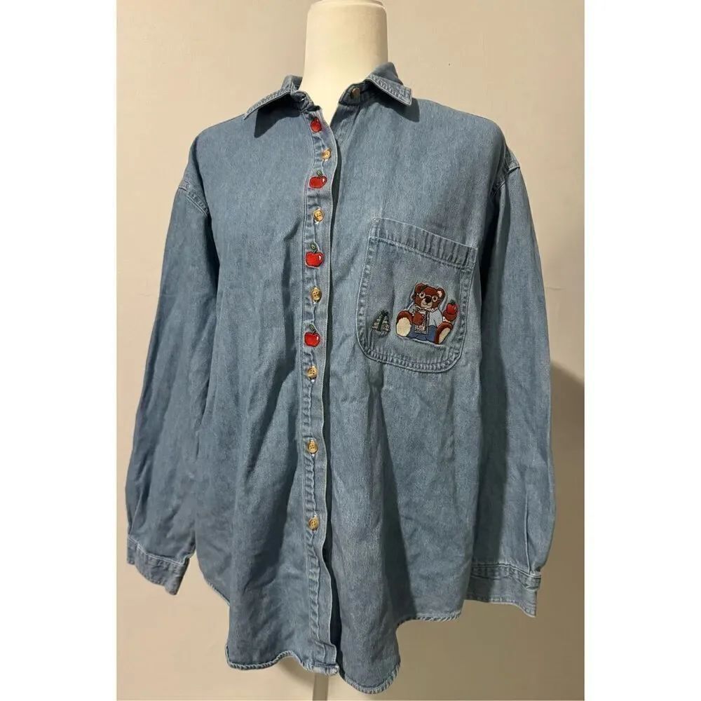 American Blue apple bear print denim button front shirt L